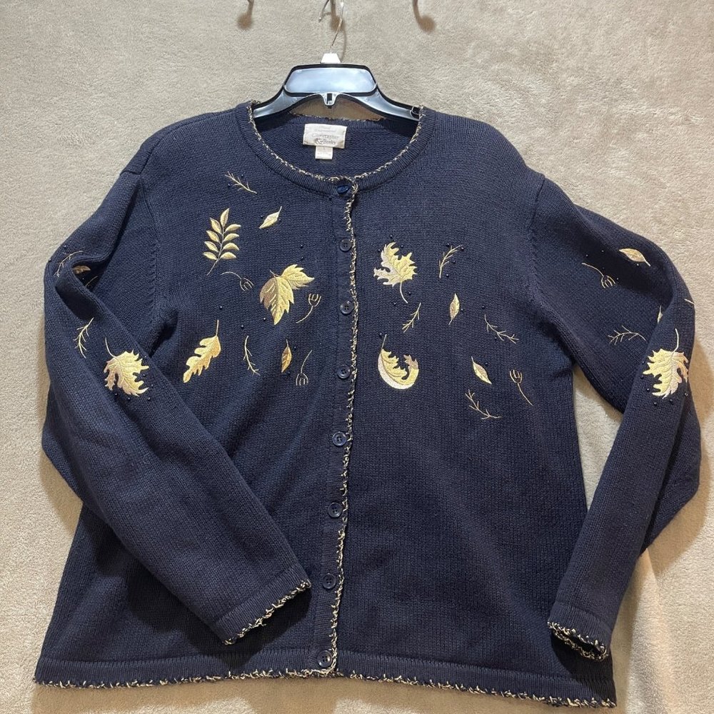 Hand-Embroidered Christopher & Banks Navy Cardigan With Yellow Leaf Design Butto